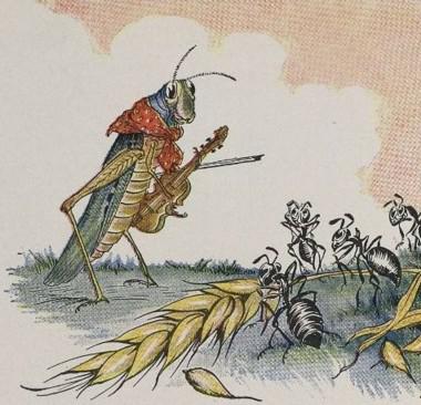 An illustration for the story The Ant And The Grasshopper by the author Aesop