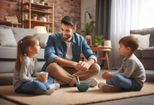 پدر در حال مکالمه با کودکان 1