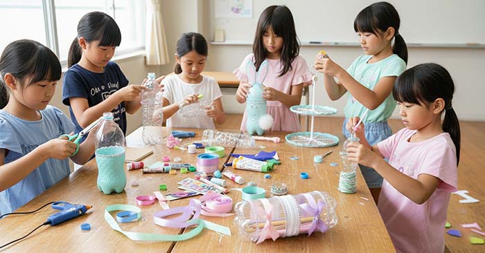 کاردستی 6 دختر کوچولو در حال ساخت کاردستی با بطری نوشابه