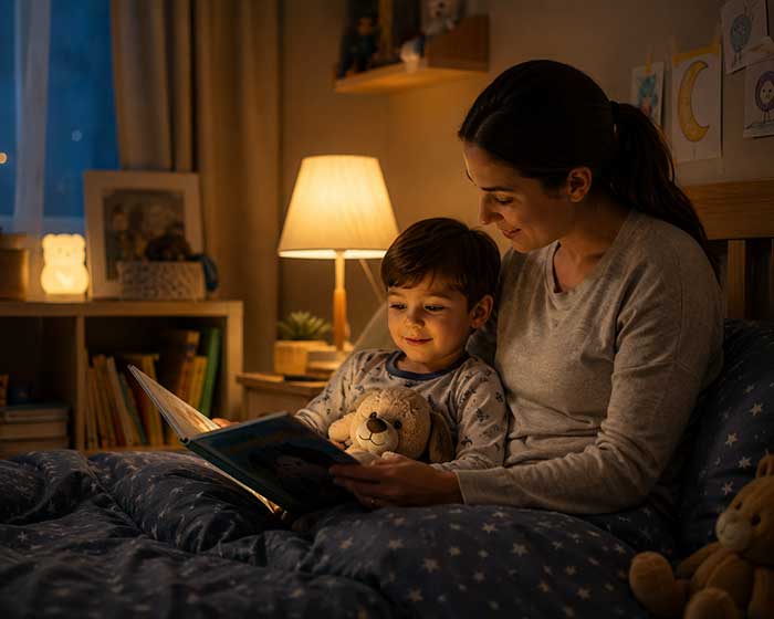 کودک و مادر در حال کتاب خواندن 